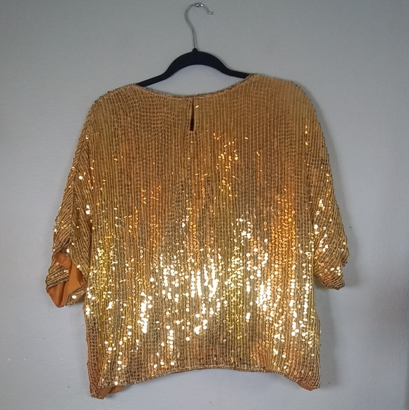 Vintage Silk Gold Sequined Made In India Dolman Sleeve Metallic Crew Neck L - Picture 8 of 12